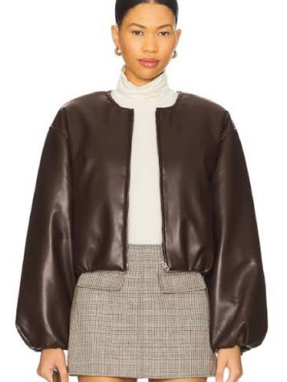 BLANKNYC Cropped Leather Bomber in Grand Slam size XS